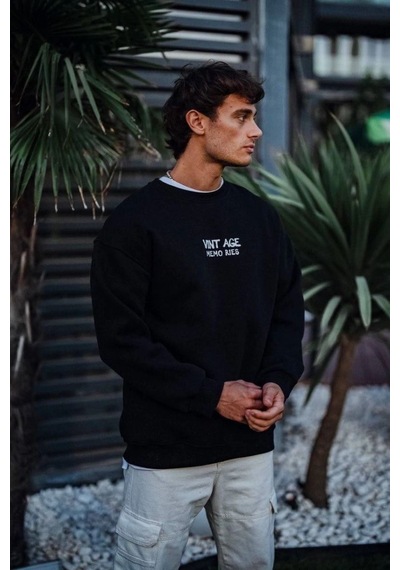 Mbb E-ticaret Erkek Bisiklet Yaka 3 İplik Pamuklu Baskılı Sweatshirt - Siyah