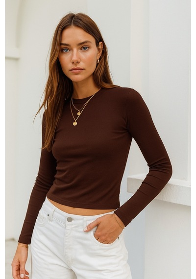 Rich Kadın Kahverengi Bisiklet Yaka Esnek Kumaşlı Vücuda Oturan Slim Fit Uzun Kollu Crop Body Kahverengi