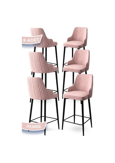 Canisa Enox Serisi 6 Adet Pembe Sandalye Mutfak Bar Sandalyesi Babyface Kumaş Siyah Metal Ayak Sandalyeler Pembe Ayaklar Siyah