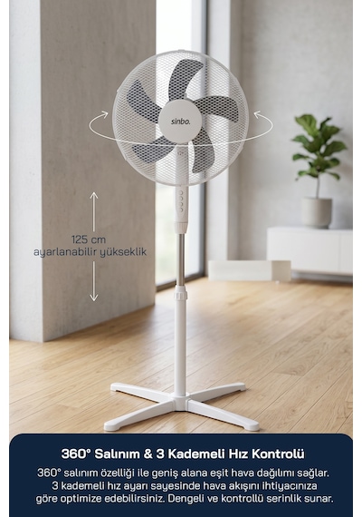 Sf-7704 Ayaklı Vantilatör 16 İnç 35w Sessiz Fan 3 Kademeli Yükseklik Ayarlı Ev Tipi
