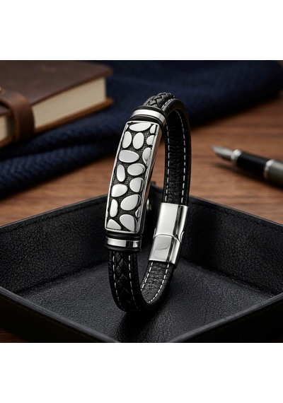 Premium River Stone Motifli Çelik Kilitli Siyah Deri Erkek Bileklik. 31831b8d4