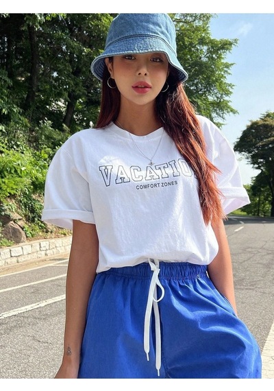 Unisex Beyaz Oversize Vacation Baskılı Örme T-shirt Beyaz-56806