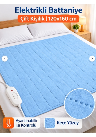 Elektrikli Battaniye Çift Kişilik 120x160 Cm Keçe Yüzey, Isı Ayarlı, Fermuarlı 2 Yıl Garantili Mavi