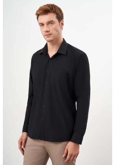 Morven Erkek Siyah Basic Düz Desen Cepli Sert Yaka Regular Fit Gömlek 24mc004057001 Siyah