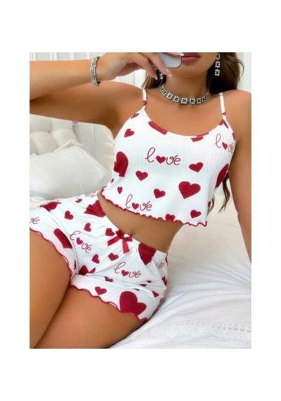 Noctafia Pamuklu İp Askılı Kalp Desenli Pijama Takımı Beyaz - 912643349 Beyaz