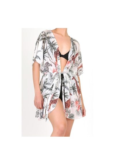 Pareo Plaj Elbisesi Kimono Std Yazlık Oversize Tül Gömlek Kemerli Elbise Tropikal Beyaz
