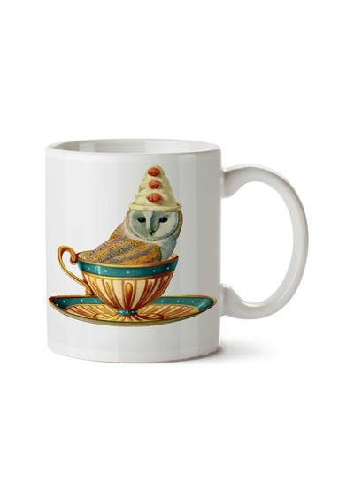 Owl & Teacup Kahve Fincanı Baykuş İki Tarafı Baskılı Kupa Bardak Çok Renkli