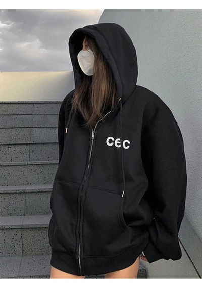 Startmore Adrift Unisex Siyah Cec Baskılı Oversize Kapüşonlu Hırka Siyah
