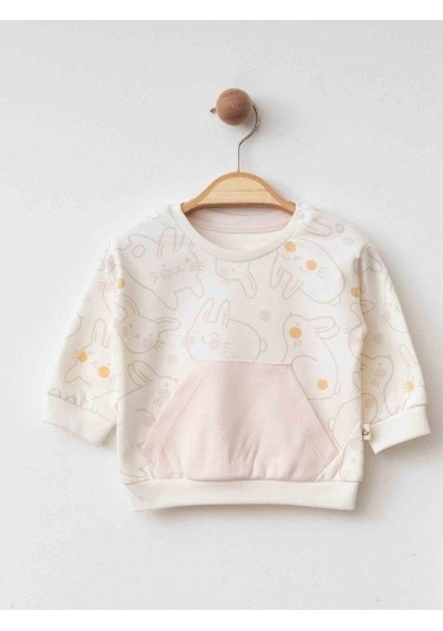 Zekids Kız Bebek Tavşan Baskılı Organik Eşofman Takım-15486 Pudra