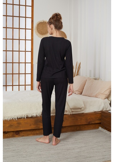 Siyah İnci Love Nakışlı Fitilli Örme Pijama Takım25226001 Siyah