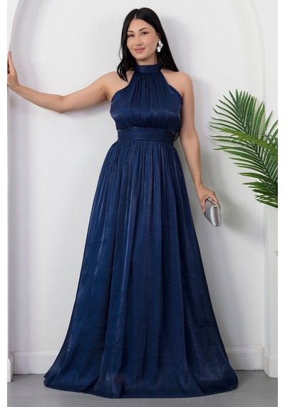 Kalopya Halter Yaka Şifon Elbise Grs4128 Lacivert