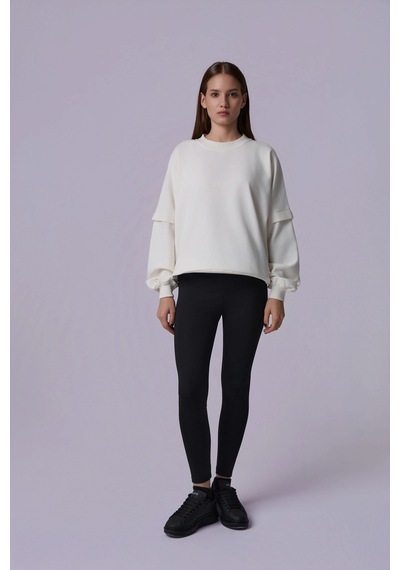 Defys Kadın Bisiklet Yaka Kol Detaylı Oversize Fit Basic Sweatshirt Ekru - 598314741 Ekru