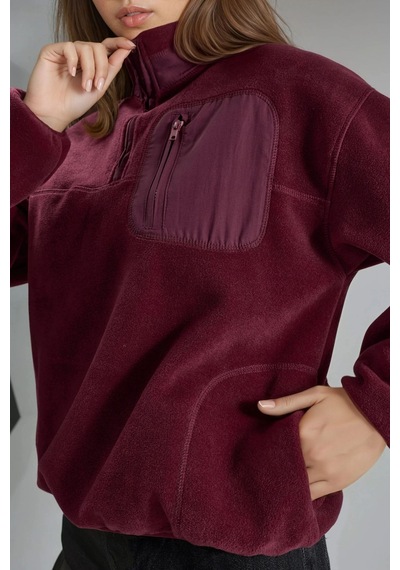 Hiccup Busem Fermuarlı Yakalı Peluş Örme Sweatshirt, Cepli Bordo Kırmızı