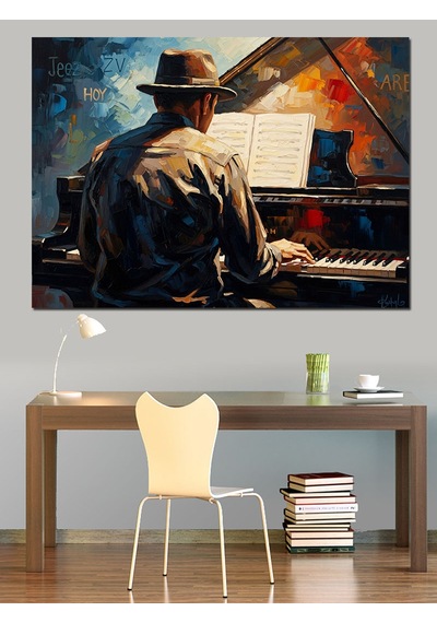 Ahşap Tablo Şapkalı Piyanist Ve Gece Müziği