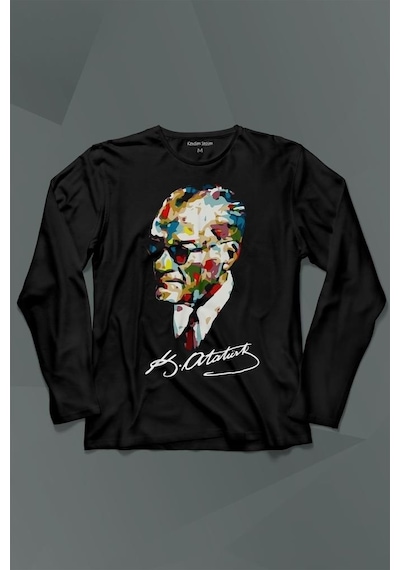 Karizma Gözlüklü Gazi Mustafa Kemal Atatürk Portresi Uzun Kollu Tişört Baskılı Çocuk T-shirt 001
