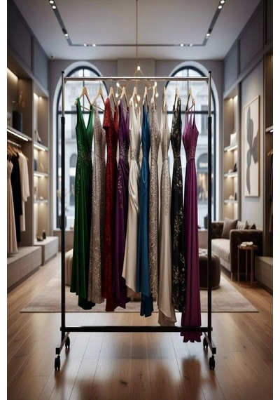 Paslanmaz Metal Askılık Vitrin Konfeksiyon Tekerlekli Demonte Portmanto 150 Cm Hanger Siyah