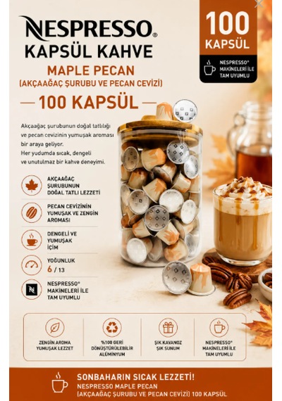 Kapsül Kahve Maple Pecan 100 Kapsül + Cam Saklama Kutu Hediyeli