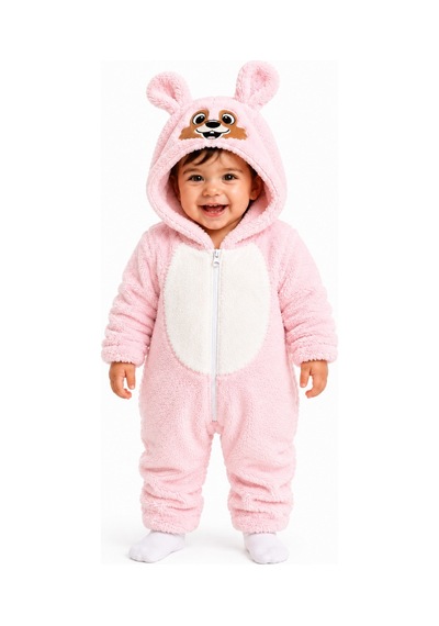 Chicsy Baby Tatlı Kız Bebek Welsoft Tulum Hayvan Yüzü Nakışlı Kulaklı Kapüşonlu Fermuarlı Peluş Kışlık Bebek Tulumu Pembe