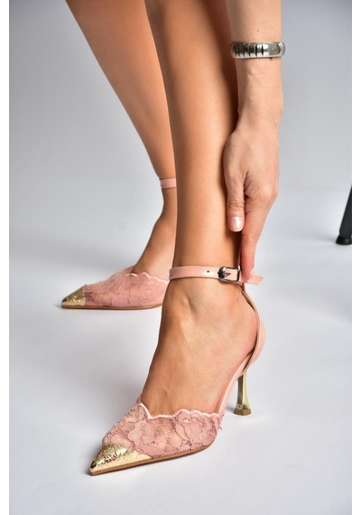 Fox Shoes Y752093806 Pudra Dantel İnce Galveniz Topuklu Kadın Ayakkabı