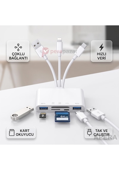 3in1 Type-c Usb Lightning Sd Micro Kart Okuyucu Otg Adaptör - Aynı Anda Tek Uç Aktif - Veri Aktarımı Cr94