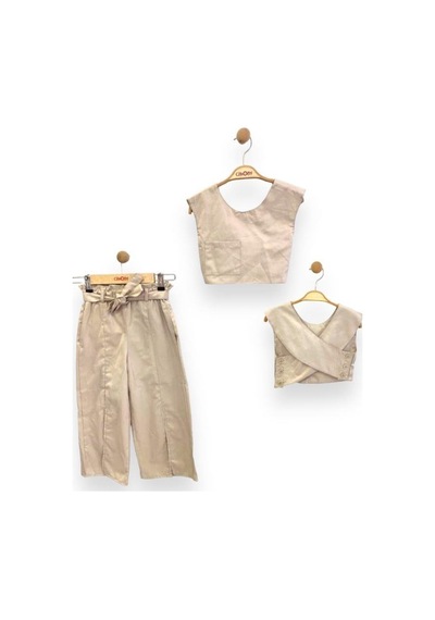 Çikoby Kız Çocuk Dokuma Üstü Crop Bol Paça Yırtmaçlı Pantolon Takım-13775 Taş