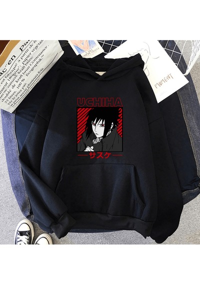 Anime Uchiha Sasuke Kapşonlu Sweatshirt Siyah