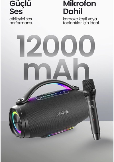 Ven-dens Vd-spk026m 160 W Bluetooth 5.3 Taşınabilir Hoparlör, 12000 Mah Batarya, Led Işık, Siyah