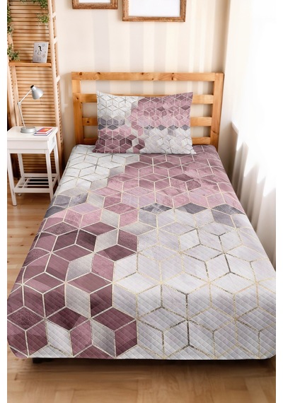 Pudra Geometrik Modern Genç Odası Tek Kişilik Pike Takımı-gri Altın 160x220 Cm Kapitone Yatak Örtüsü Narin Çiy Sarmalı