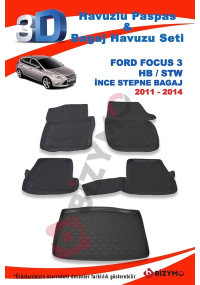 Ford Focus 3 Hb Ince Stepne 2011-2014 Paspas ve Bagaj Havuzu Seti Siyah