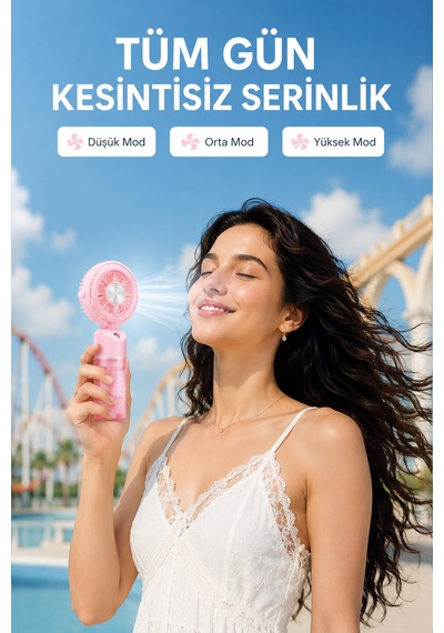 Taşınabilir Şarjlı Su Püskürtmeli 3 Kademeli Mini El Fanı Pembe