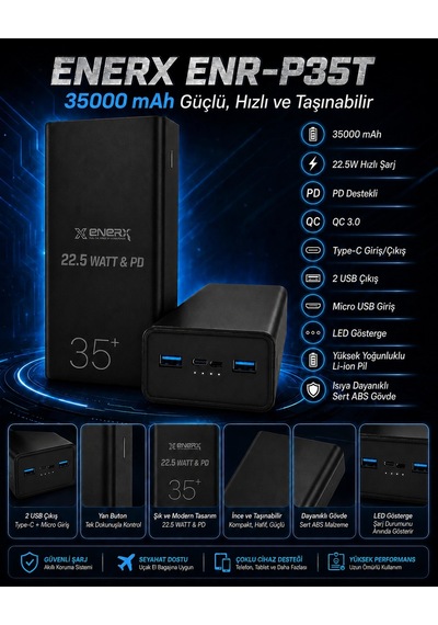 Enerx Enr-p35t 35.000 Mah 22.5 Watt Led Göstergeli Powerbank Siyah