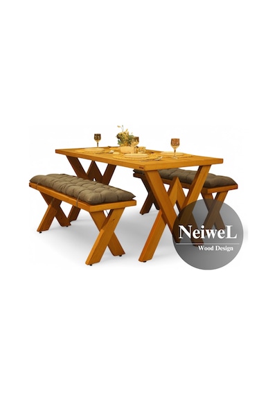 Neiwel Garden Venus Doğal Ahşap Banklı Bahçe Masa Takımı-70-140 Takım Açık Ceviz