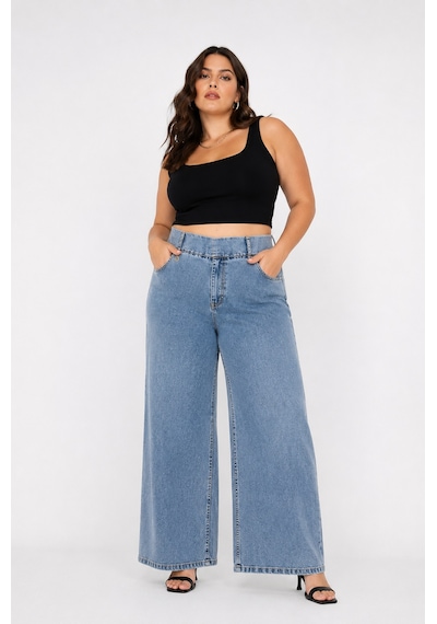 Zanessi Büyük Beden Toparlayıcı Yüksek Bel Geniş Paça Denim Kadın Pantolon Mavi