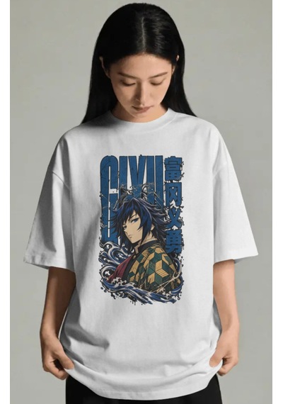 Unisex Oversize Giyu Tomioka Demon Slayer Anime Karakter Ön Baskı Beyaz