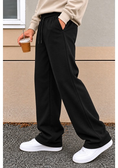 Tarz Cool Erkek Oversize Baggy Fit Eşofman Altı %100 Pamuk 3 İplik Şardonlu Bol Paça Rahat Kesim Siyah