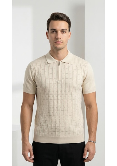 Plus Scorpion Erkek Polo Yaka Fermuarlı Triko Tişört Dokulu Slim Fit Bej