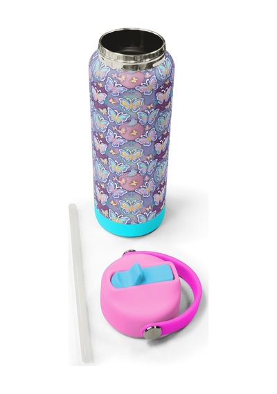 Coral High Pastel Renkli Kelebek Desenli Katlanır Ağızlıklı Çelik Termos 650 Ml 38306 Pastel