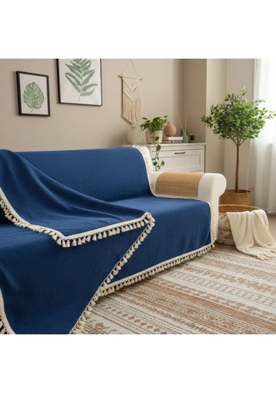 Premium Keten Lacivert Ponponlu Koltuk Örtüsü 170 X 220