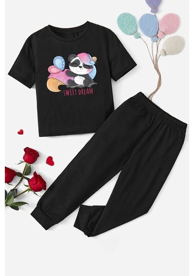 Uyguntarz Summer Kids Sweet Dream Panda Alt - Üst Eşofman Takımı Siyah