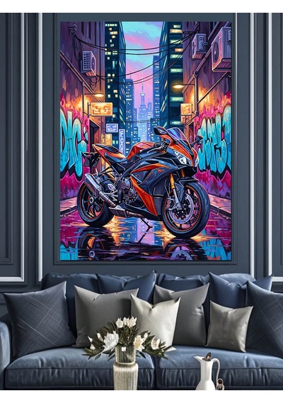 Ahşap Tablo Neon Işıklı Motosiklet Çizimi