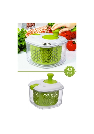 Flora Süzgeçli Manuel Salata Kurutucu 4,2 Litre, Sebze Meyve Marul Kıvırcık Yıkama Ve Süzme Sepeti Beyaz - Yeşil