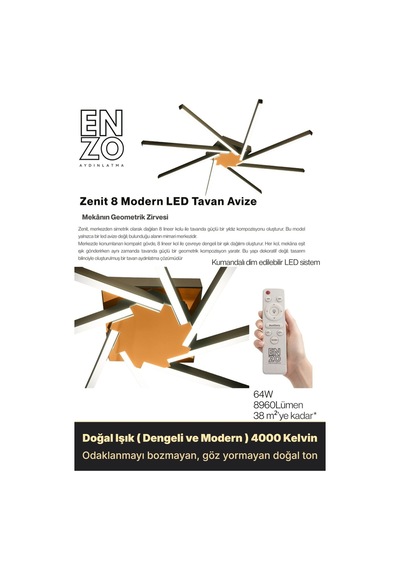 Zenit 8 Bronz Led Tavan Avize Kumandalı Dim Edilebilir Aşağı Işık Doğal Işık