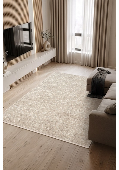Stena Sa006a Krem Bej Halı Geometrik Desen Pamuk Taban Salon Halısı Yatak Odası Koridor Krem-bej