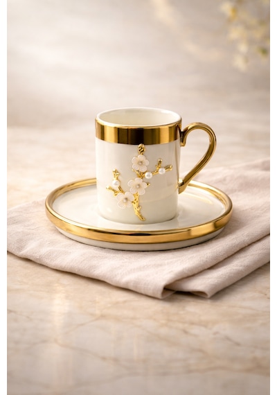 2 Kişilik Lüks Beyaz Gold Yaldızlı İnci Lotus Dallı Kahve Fincan Takımı Seti 100ml