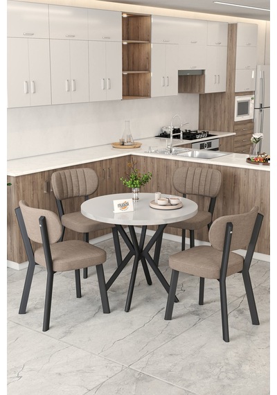 Gnr 90cm Sabit Beyaz Mutfak Masası Takımı, Yemek Masası, 4 Modern Cappucino Sandalye Cappuccino