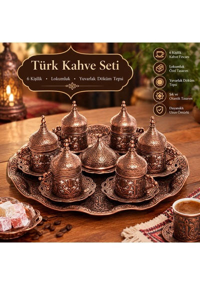 Osmanlı Motifli Türk Kahve Seti Bakır Renk