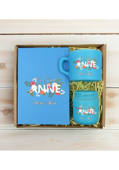 Bk Gift Kişiye Özel İsimli Dtf Anne Temalı Turkuaz Defter & Kahve Fincanı & Mum Hediye Seti-1, Anneye Hediye, Anneler Günü Hediyesi Kobitmeyencom30819