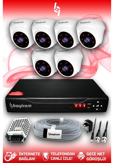 Bayicam 6 Kameralı Dome 6 İç Kamera Set HDD'siz Full HD Gece Görüşlü Güvenlik Kamerası Sistemi