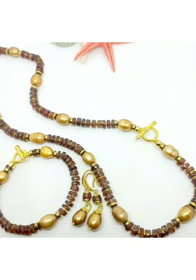 2629 Doğal İnci Hossanite Garnet Hematit El Yapımı Küpe Açık Gold