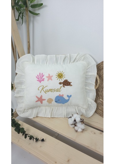 Gros Shop Müslin Yeni Doğan 4katlı Organik %100pamuk Kişiye Özgü Nakışlı Hastane Çıkış Seti Okyanus Model-2 Ekru-3